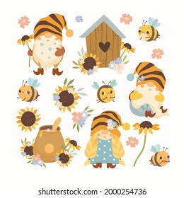 honey set with bees, sunflowers and gnomes. Summer vector clipart