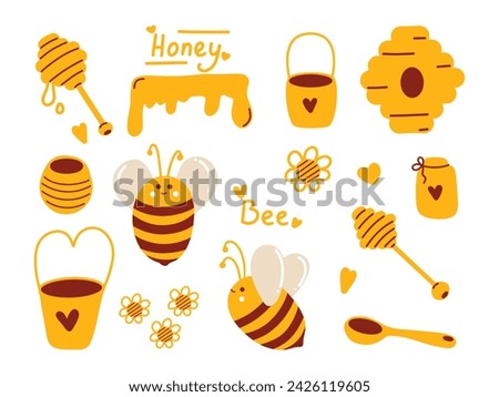 Honey set with bees for unique and minimalistic packaging design of honey products and for beekeeping. Beehive, jar buckets for bees, flower, honey drop and cute bees.
