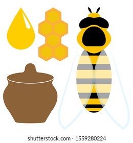 Honey set: clay pot, drop, honeycomb, bee. Ceramic jar isolated on white background. Vector stock illustration. 