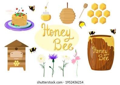 Honey set. Collection. Glass jar. Wooden barrel. Lettering bee honey in yellow letters with a honey texture. Honeycomb, bee house. Uli. Wildflowers