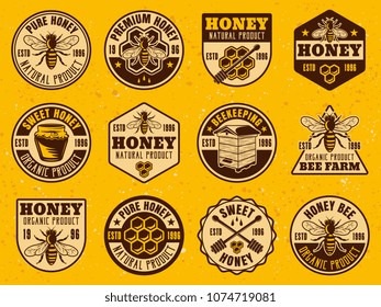 Honey set of colored bright badges, stickers, emblems, labels on yellow background with textures vector illustration