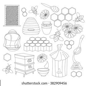 Honey set. Design with apiary sketch elements.