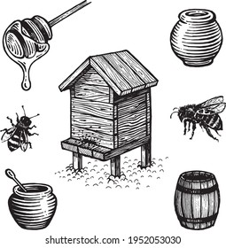 Honey set, drawing. A collection of farm products. Black and white vector drawing. Retro drawing, vintage graphics.