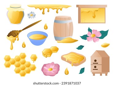 Honey set in flat cartoon design. Showcasing of the sweet world of honey, capturing the essence of beekeeping with vibrant honey jars, bees, and sun-kissed flowers. Vector illustration.