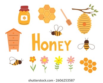 Honey set in flat doodle style. Honeycombs, bee, honey in glass  jar and flowers isolated on white background. Vector illustration of organic natural sweets