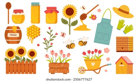 Honey set with flowers and bees. Collection of beekeeping. Cartoon apiary set. Illustration of beehive, bees and honeycombs. Vector drawing of honey for children.