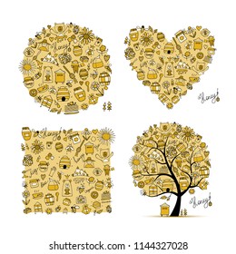 Honey set - frame, tree, heart. Sketch for your design