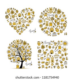Honey set - frame, tree, heart. Sketch for your design