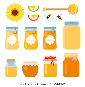 A honey set of glass containers, bees, a honeyed wooden spoon with honey drops, a flower of a sunflower and slices of apples with honey flows vector flat material design isolated on white
