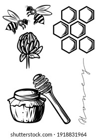 Honey set, hand drawn monochrome vector