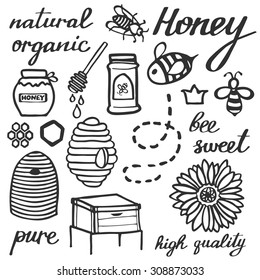 Honey Set.  Hand-drawn Black Doodle Drawing.  Vector Illustration. 