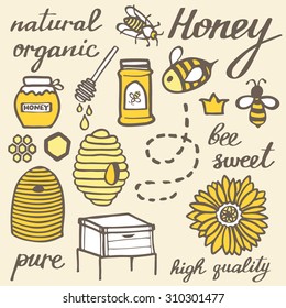 Honey set.  Hand-drawn doodle beekeeping elements. Vector illustration. 