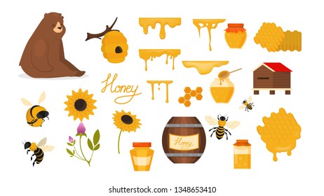 Honey set. Healthy organic food. Yellow bee product in the pot. Natural dessert from apiary. Sticky tasty nectar. Isolated vector illustration in cartoon style