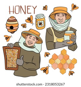 Honey set. Honeycombs, bee, honey in glass jar, wooden honey dipper, honey in metal spoon and flowers isolated on white background. Vector illustration of organic natural sweets in cartoon flat style