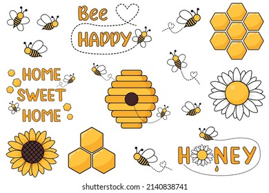 Honey set. Honeycombs, bee, hive isolated on white. Vector illustration of natural sweets in cartoon flat style. Beekeeping set, flat vector illustration. 