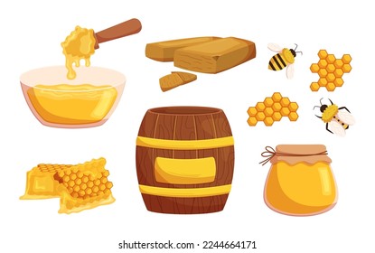 Conjunto de miel. Honeypes, Insectos de abeja, Jar de vidrio y bol con cuchara de cuentagotas de madera, cera y barril aislados en fondo blanco. Dulces naturales orgánicos y productos acuarios. Ilustración del vector de dibujos animados