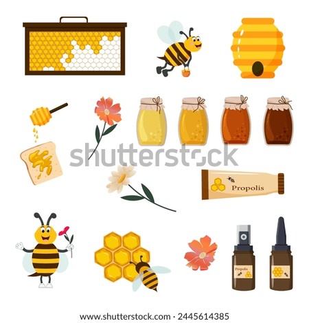 Honey set. Honeycombs and bee insects. Glass jars and toast bread with honey. Bees and hive. Vector illustration on a white background. Organic natural sweets, food and propolis.