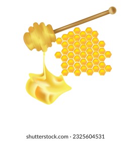 Honey set. Honeycombs, wooden honey dipper isolated on white background. Vector illustration of organic natural sweets in cartoon flat style