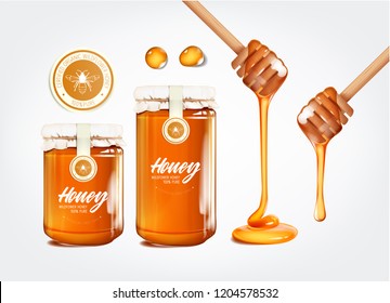 Honey set. Honey jar and honey flowing, dripping from wooden dipper stick. Drops and logo for branding. 