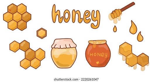 Honey set with jar of honey and honeycombs. Vector illustration