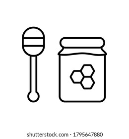 Juego de miel. Icono lineal de cuchara, tarro con peine de miel. Simple ilustración negra de dulces sanos. Contorno pictograma vectorial aislado sobre fondo blanco