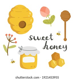 Honey set with objects in cartoon doodle style isolated on white background. Vector illustration. Honey, bee, beehive, flowers.