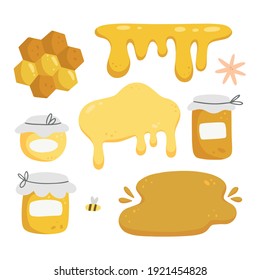 Honey set with objects in cartoon doodle style isolated on white background. Vector illustration. Honey, bee, beehive, flower.