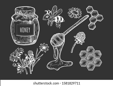 honey set on black background.