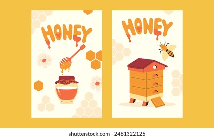 honey set of postcards. Hand drawn posters in flat style