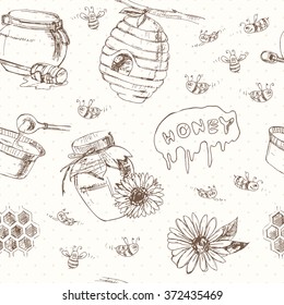 Honey set seamless pattern. Useful for restaurant identity, packaging, menu design and interior decorating.