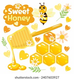 Honey set. Sweet honey, honeycomb, bee, hearts, flowers, honey stick. Vector illustration. cartoon style