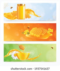 Honey set of three horizontal banners with realistic images of dishes flowers and combs with bees vector illustration