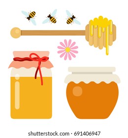 Honey set of two cans of honey, a honey spoon with honey drops and bees vector flat material design isolated on white