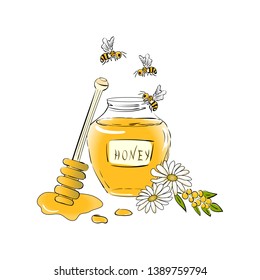 Honey set. Vector illustration in flat style. Bees, wooden honey dipper, glass jar full of honey. Organic and natural product.