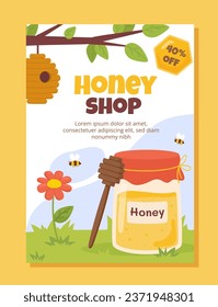 Honey shop banner. Sweet product in plastic or glass jar. Honeycomb near stick. Apiary with hive and bees. Organic eating. Cartoon flat vector illustration isolated on yellow background