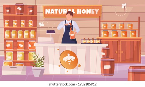 Honey shop flat horizontal composition with salesman standing behind counter pouring honey into jar vector illustration