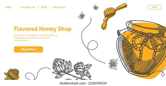 Honey shop with flavored and special products, organic food, natural and organic nutrition. Sweet syrup in jar, branding and advertisement, monochrome sketch outline. Vector in flat style illustration