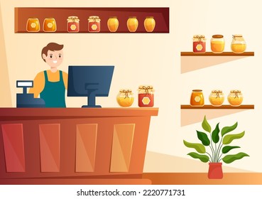 Honey Shop with a Natural Useful Product Jar, Bee or Honeycombs to be Consumed on Flat Cartoon Hand Drawn Templates Illustration