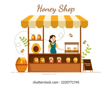 Honey Shop with a Natural Useful Product Jar, Bee or Honeycombs to be Consumed on Flat Cartoon Hand Drawn Templates Illustration