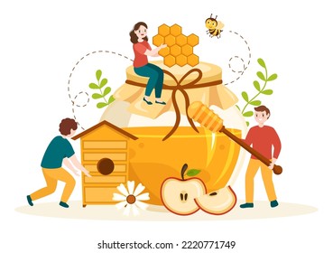 Honey Shop with a Natural Useful Product Jar, Bee or Honeycombs to be Consumed on Flat Cartoon Hand Drawn Templates Illustration