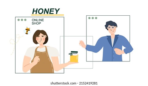 Honey shop vector illustration concept. Beekeeper giving Jar with honey to a customer. Small local business online. Template for website banner, advertising campaign