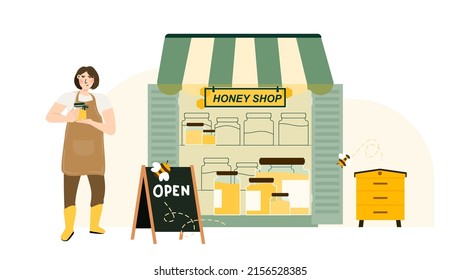 Honey Shop Vector Illustration Concept. Beekeeper Next To Open Shop With Honey Jars. Small Local Business. Template For Website Banner, Advertising Campaign