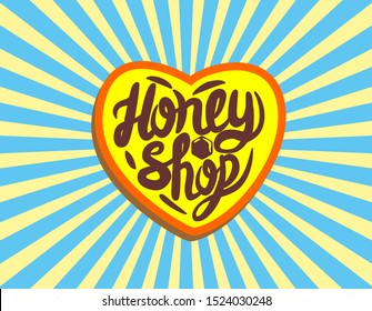 Honey Shop vector lettering emblem with heart and rays in retro style.