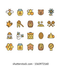 Honey Sign Color Thin Line Icon Set Include of Bee, Honeycomb and Pot. Vector illustration of Icons