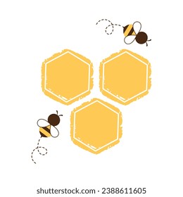 Honey sign with hexagon grid cells and bee cartoon isolated on white background vector.