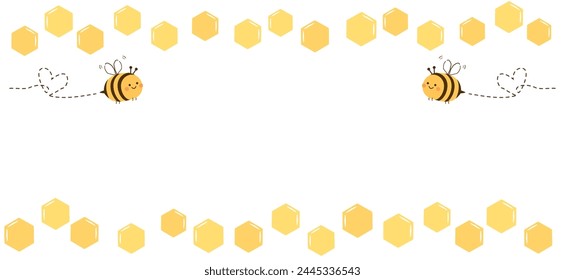 Honey sign with hexagon grid cells, bee cartoons and heart dot line isolated on white background vector.