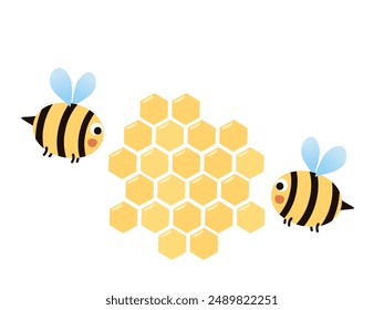 Honey sign with hexagon grid cells and bee cartoons isolated on white background vector.