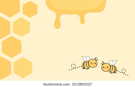 Honey sign with hexagon grid cells, bee cartoons and honey drop on yellow background vector.