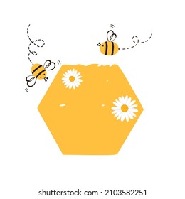 Honey sign with hexagon shape, daisy flower and bee cartoons isolated on white background vector illustration. 