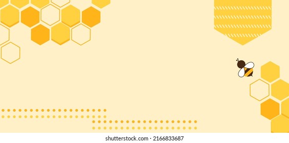 Honey sign or label with hexagon shape and bee cartoon on yellow background vector illustration.